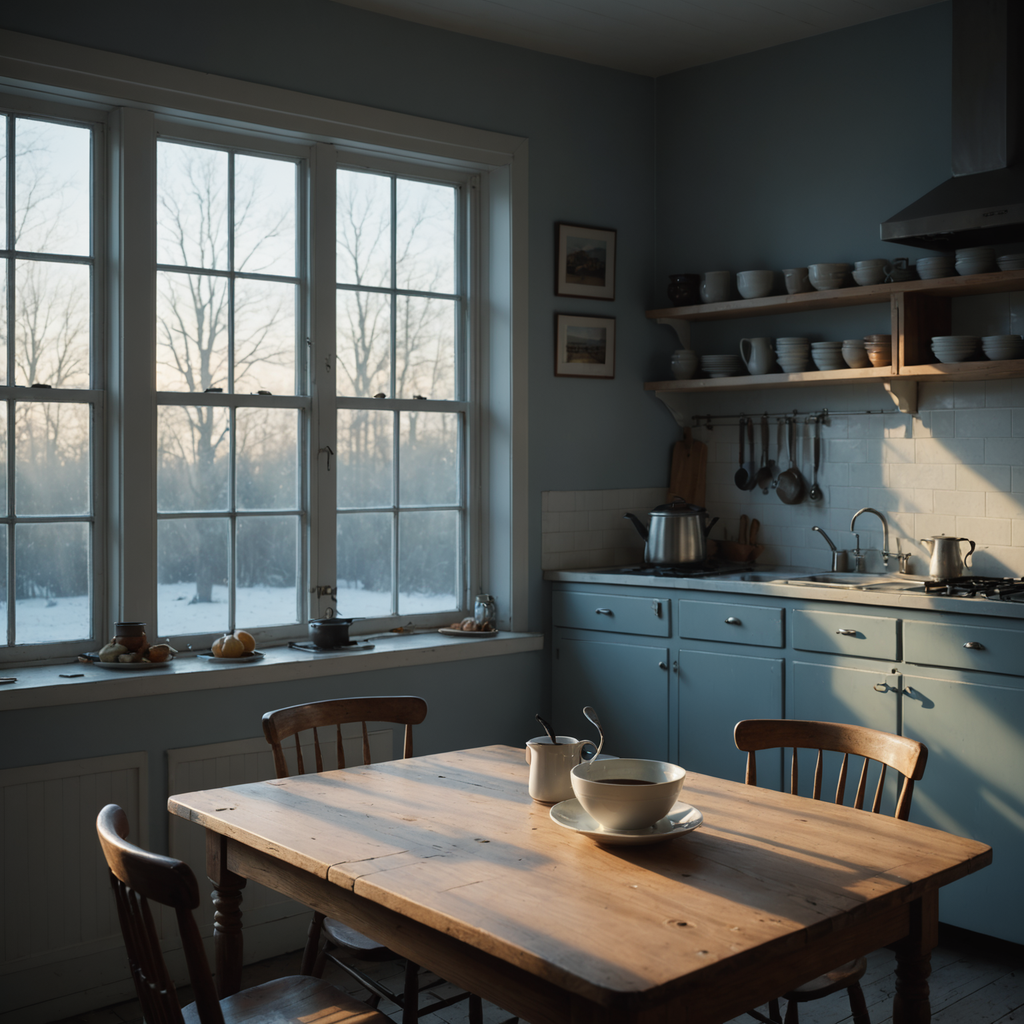 A quiet kitchen scene at 7 a.m. in mid-winter, photographed in natural ambient light…