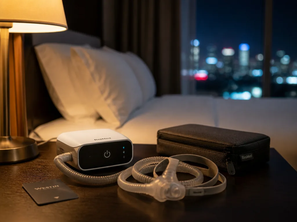 A travel CPAP setup on a hotel room nightstand at night: a small compact…