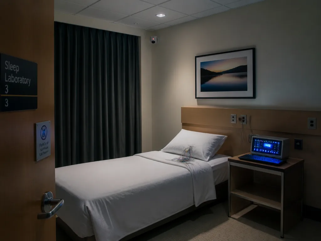 An empty hospital sleep lab room at dusk, photographed from the doorway: a neatly…
