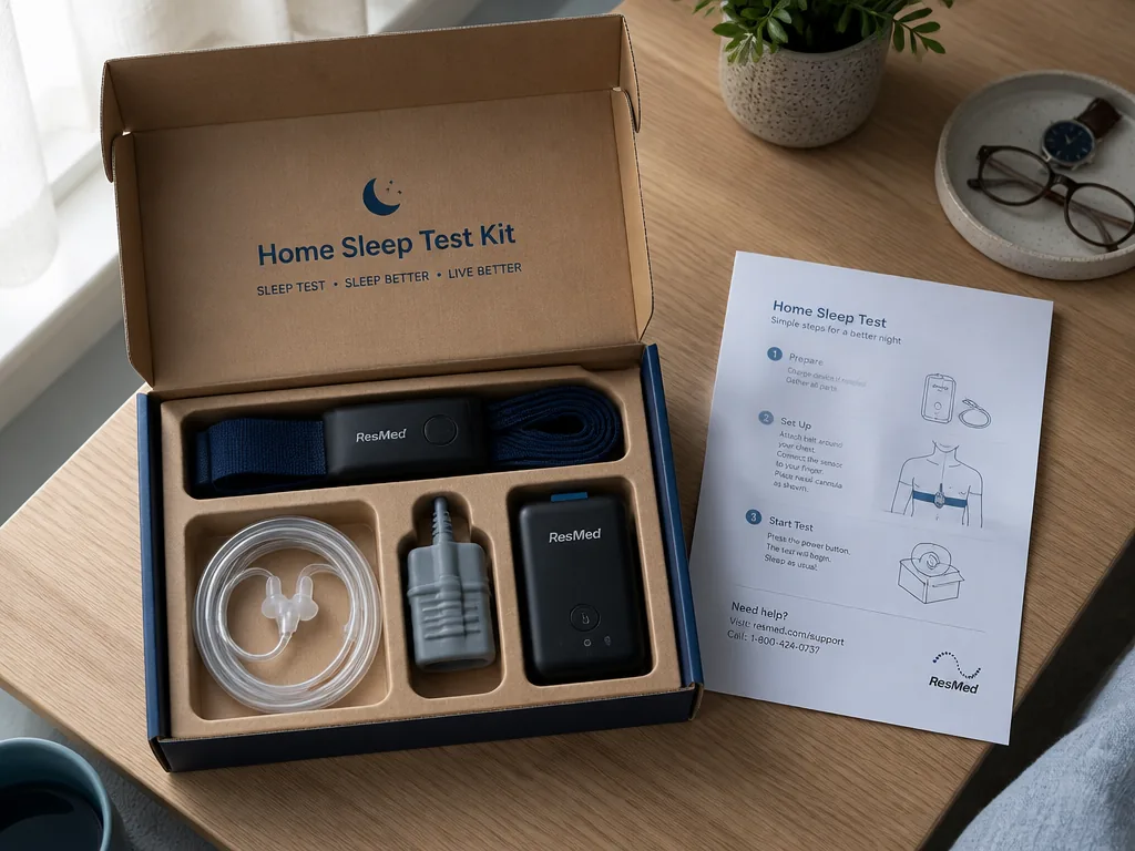Overhead flat-lay photograph of an opened cardboard home sleep test kit on a pale…
