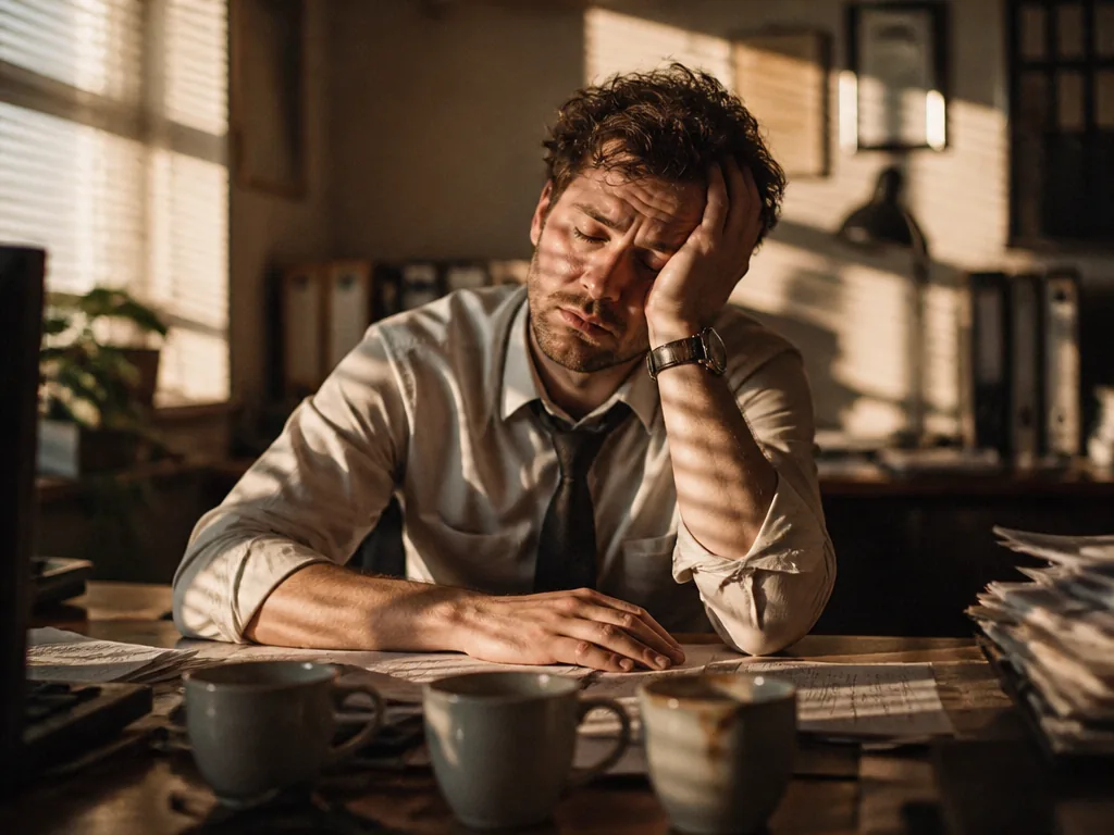 Moody mid-afternoon office photograph: an adult sits slumped at a cluttered wooden desk, eyes…