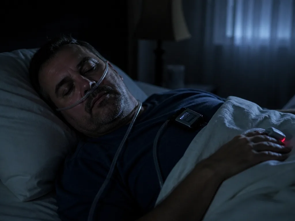 Intimate low-light bedroom photograph taken at night: a middle-aged adult sleeps on their side…