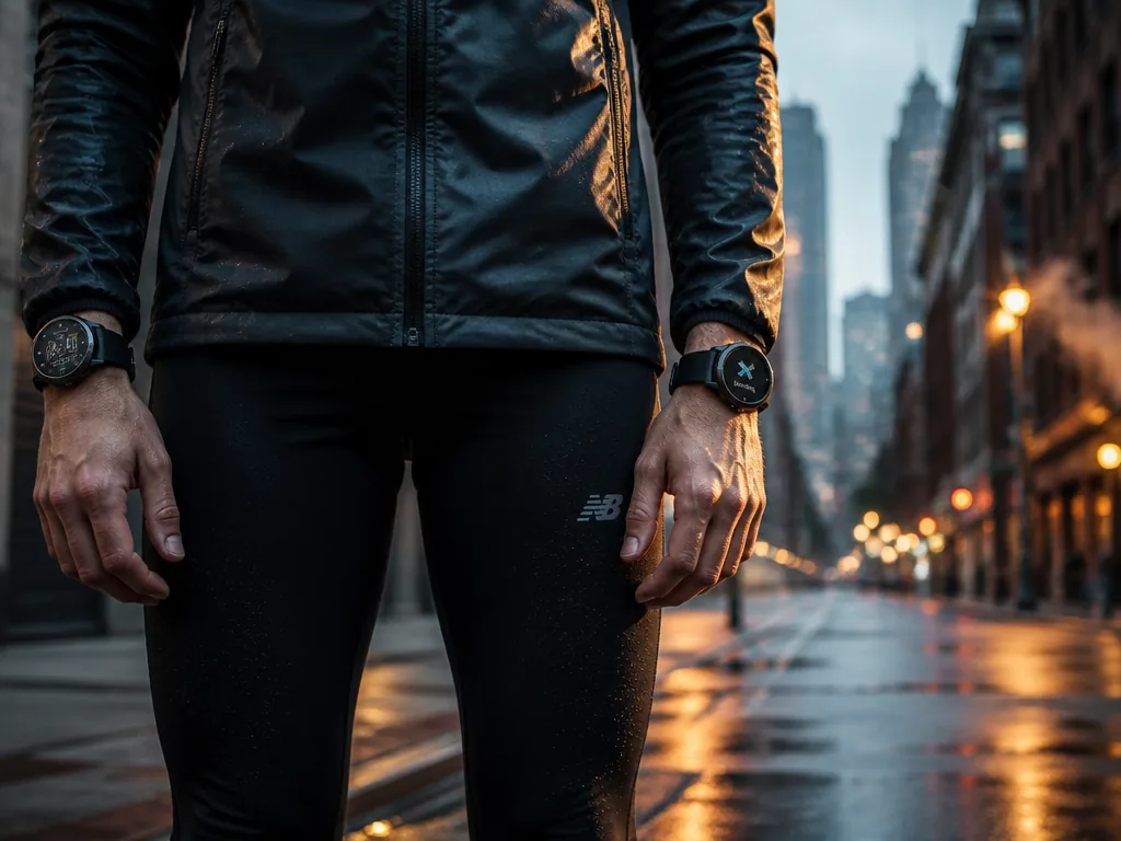 Early-morning street-level photograph of a runner standing still on a wet city pavement at…