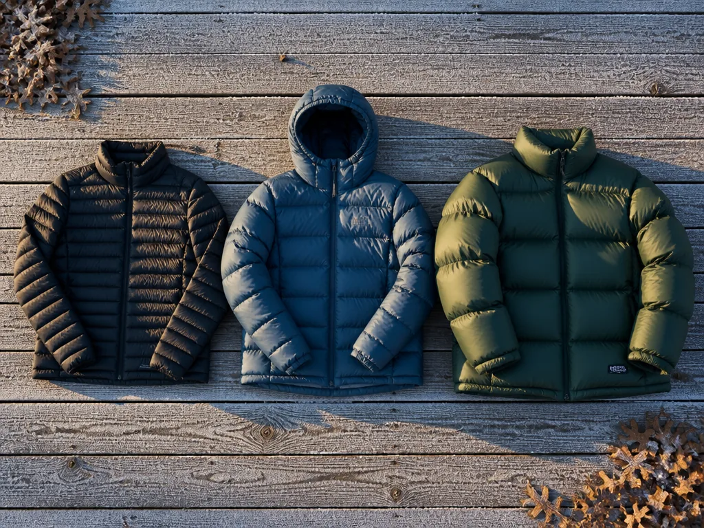Photorealistic overhead flat-lay photograph of three hip-length down jackets laid side by side on…