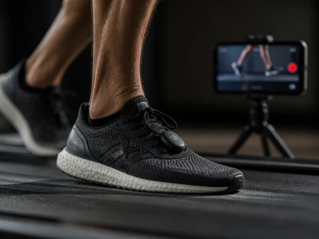 Tight macro close-up of a runner's lower legs and right running shoe striking a…