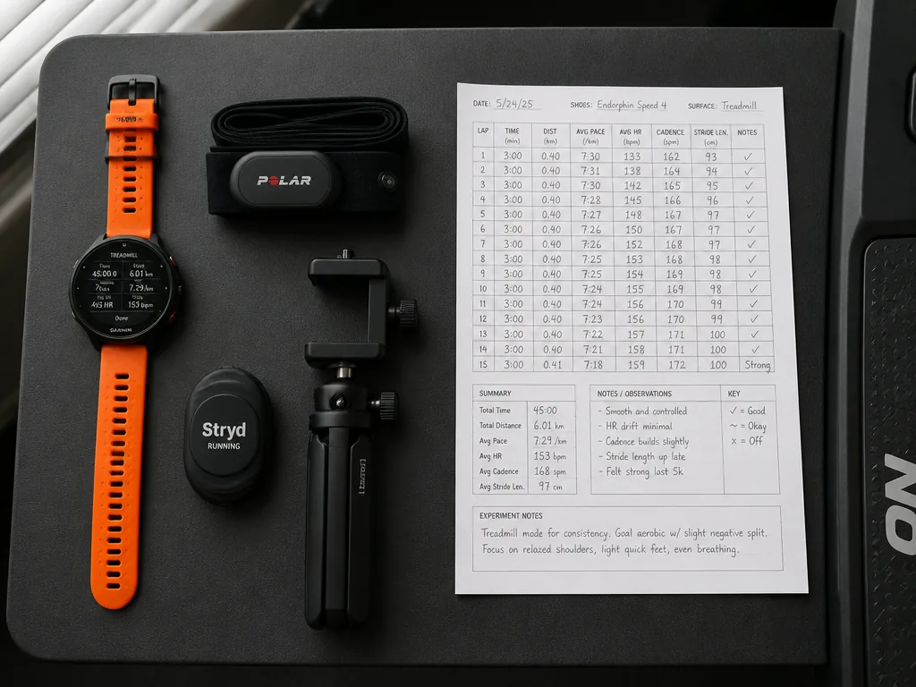 Overhead flat-lay photograph on a matte charcoal workbench beside a treadmill: a GPS running…