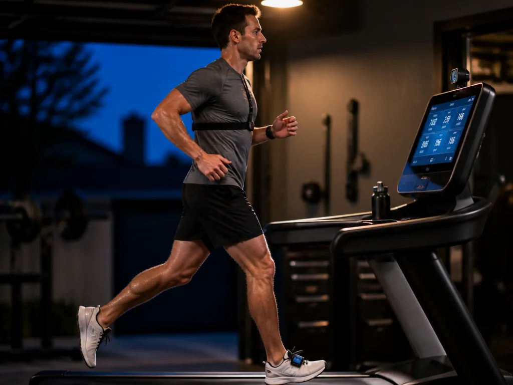 Side-on photograph of a runner mid-stride on a sleek modern home treadmill in a…