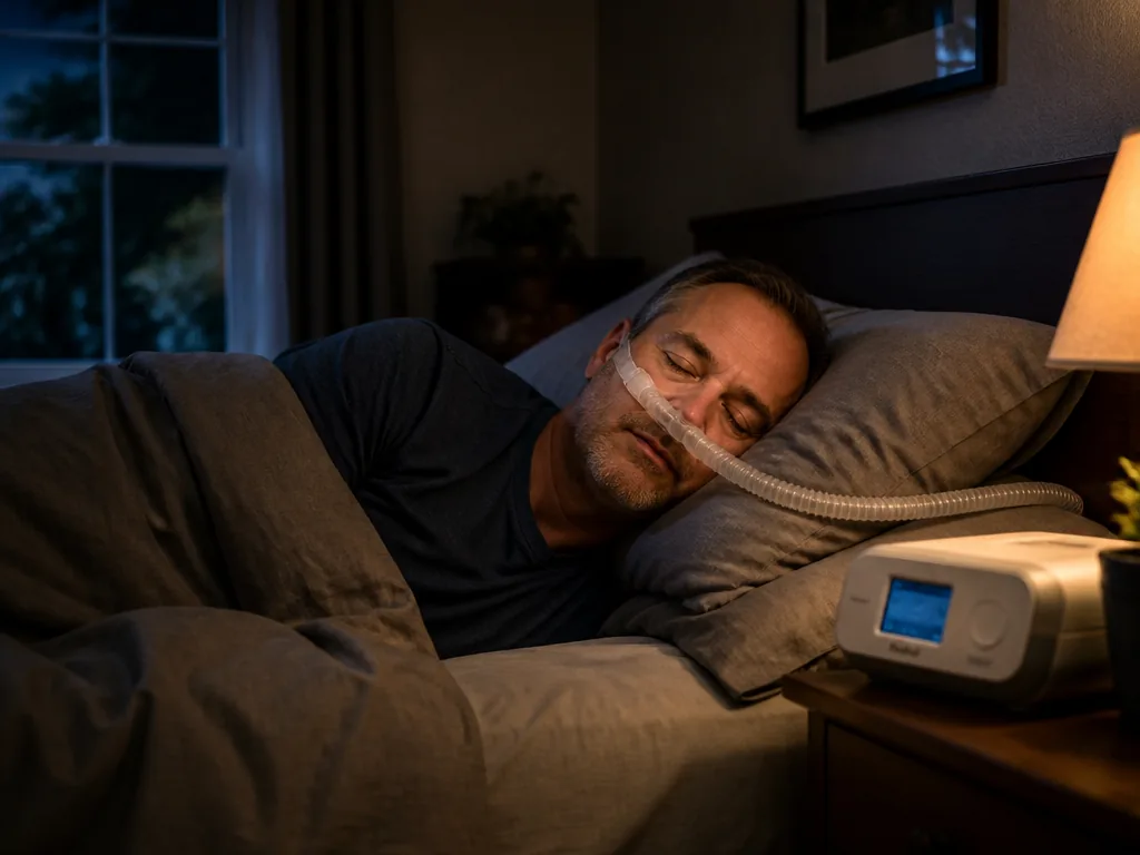 Intimate bedroom scene at night, a middle-aged man sleeping peacefully on his side in…