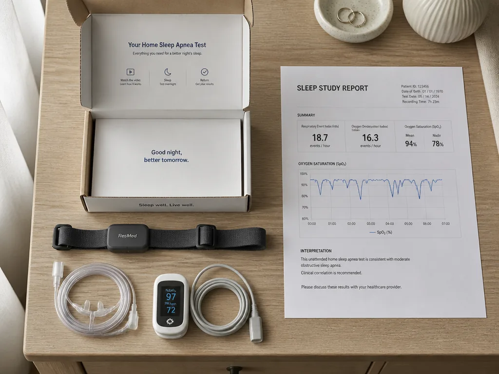Overhead flat-lay photograph on a pale oak bedroom dresser of a home sleep apnea…