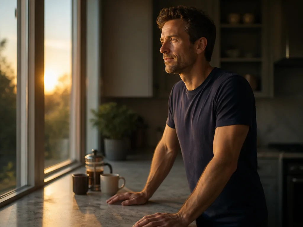 Early morning in a sunlit kitchen, a rested man in his forties in a…