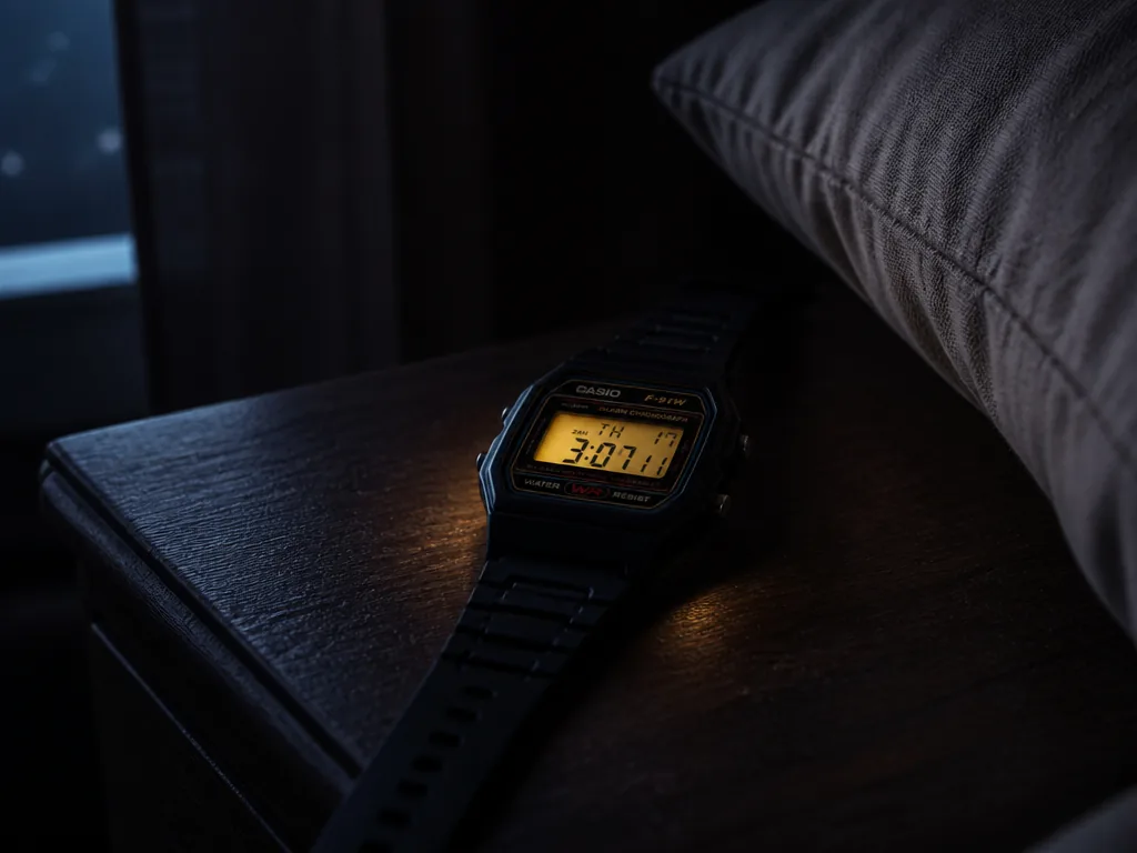 Close-up still life on a bedside nightstand at night, a black resin Casio-style digital…