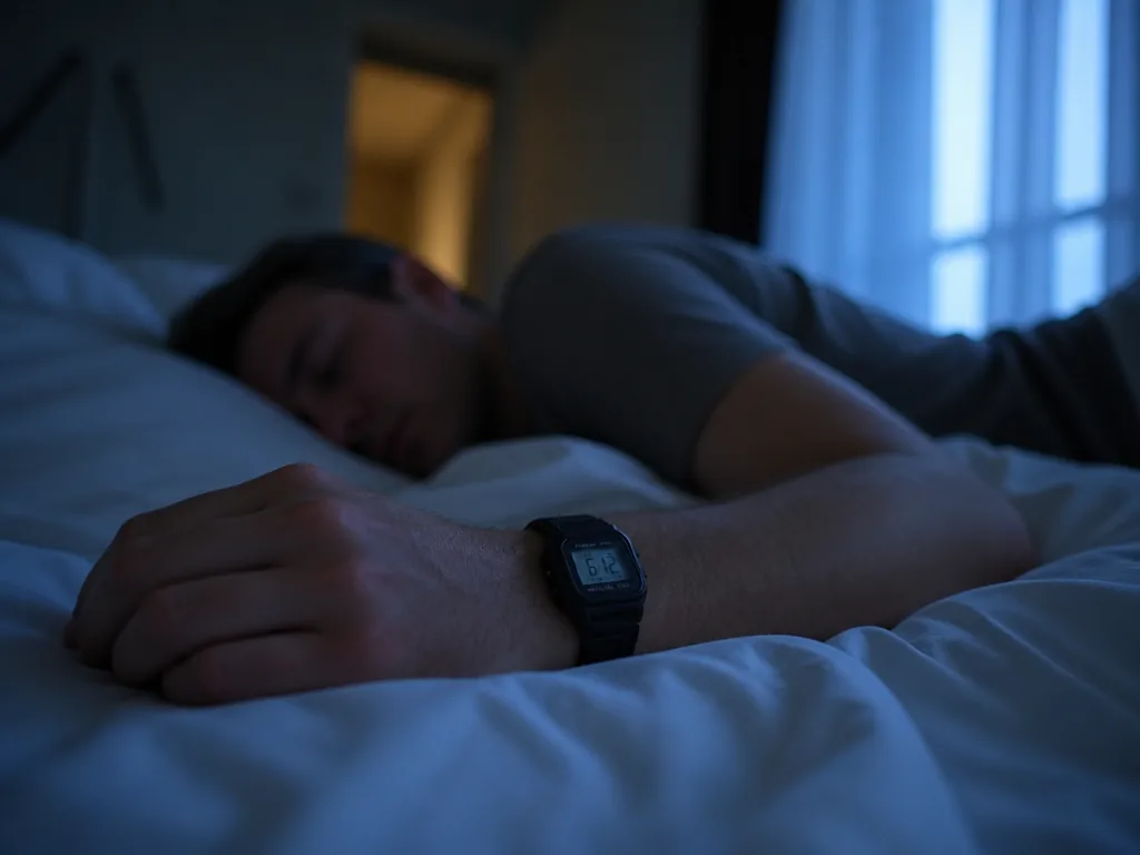 A person lying asleep on their side in a dimly lit bedroom just before…