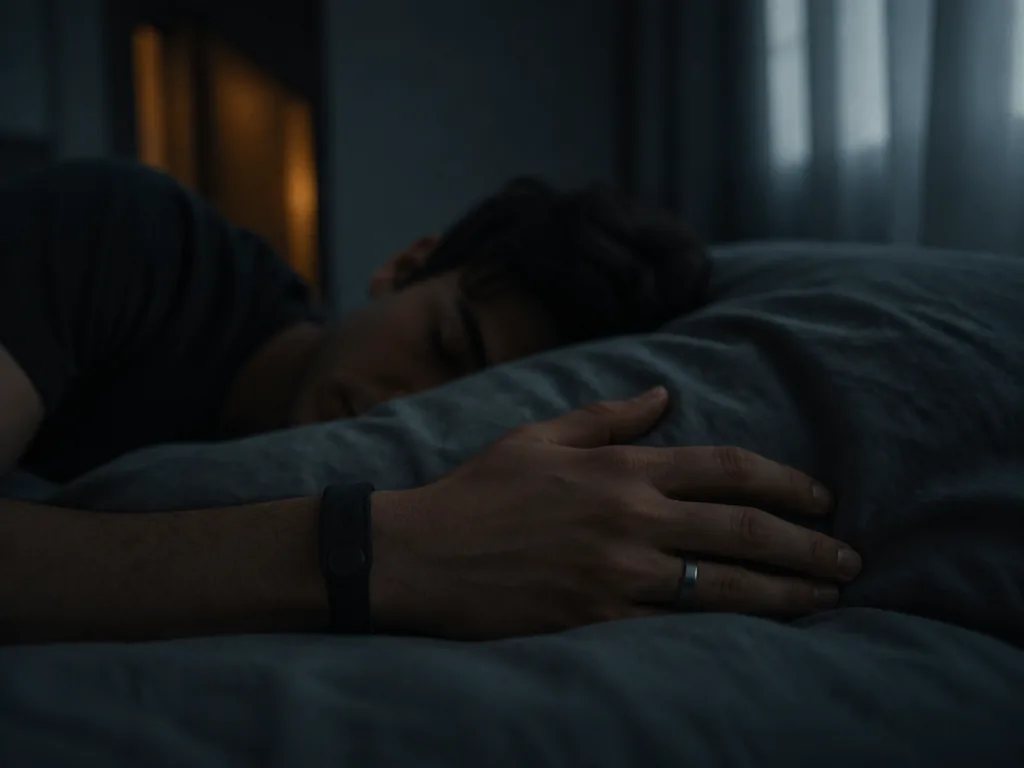 Intimate overhead view of a person asleep in a dim bedroom at night, lying…