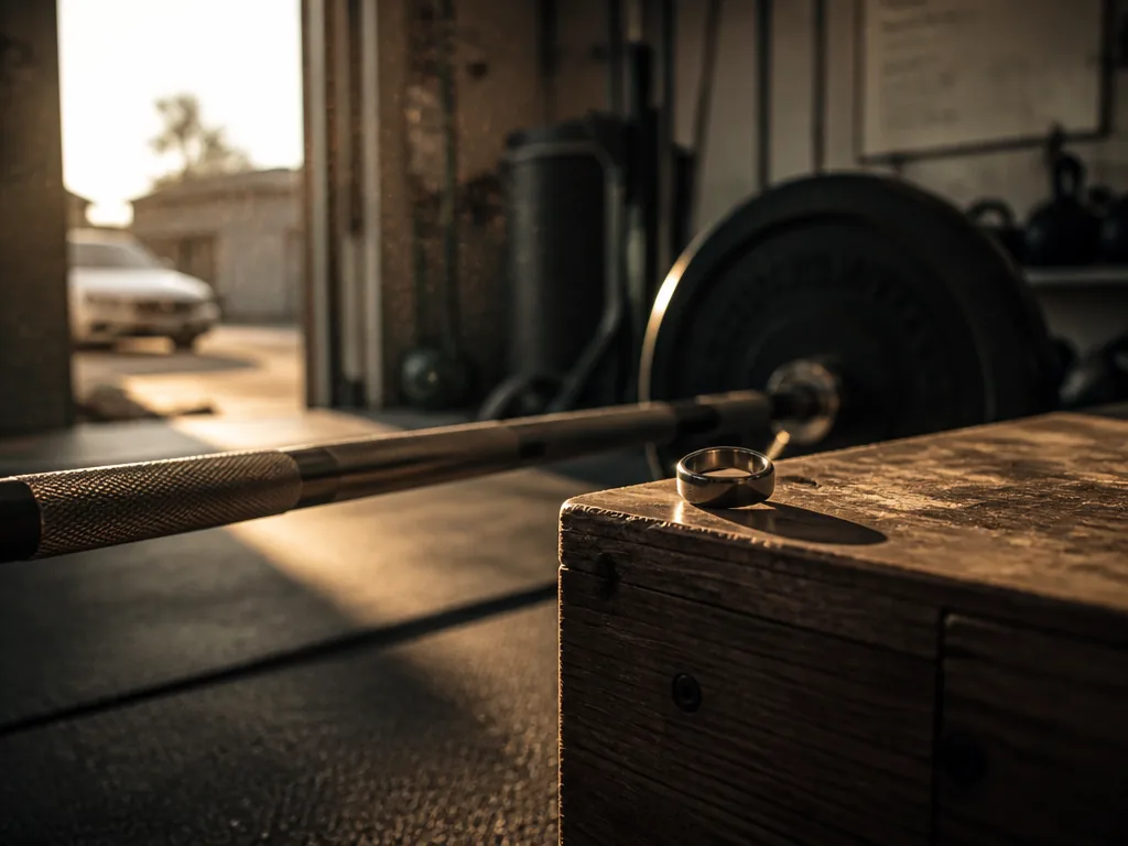 Moody home garage gym in late afternoon: a loaded steel barbell with deeply textured…