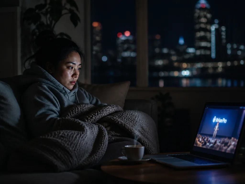 Dimly lit living room at 3 a.m. in a Sydney apartment: a person in…