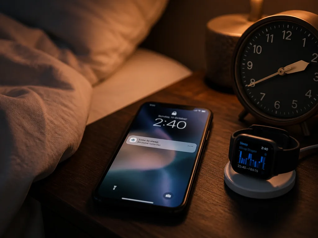 Close-up still life on a dark walnut nightstand at night: a smartphone lying face-up…
