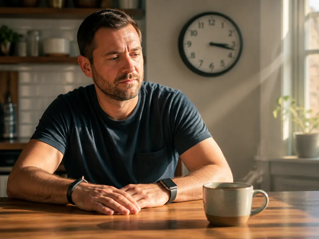 Candid lifestyle portrait of a man in his late thirties sitting at a sunlit…