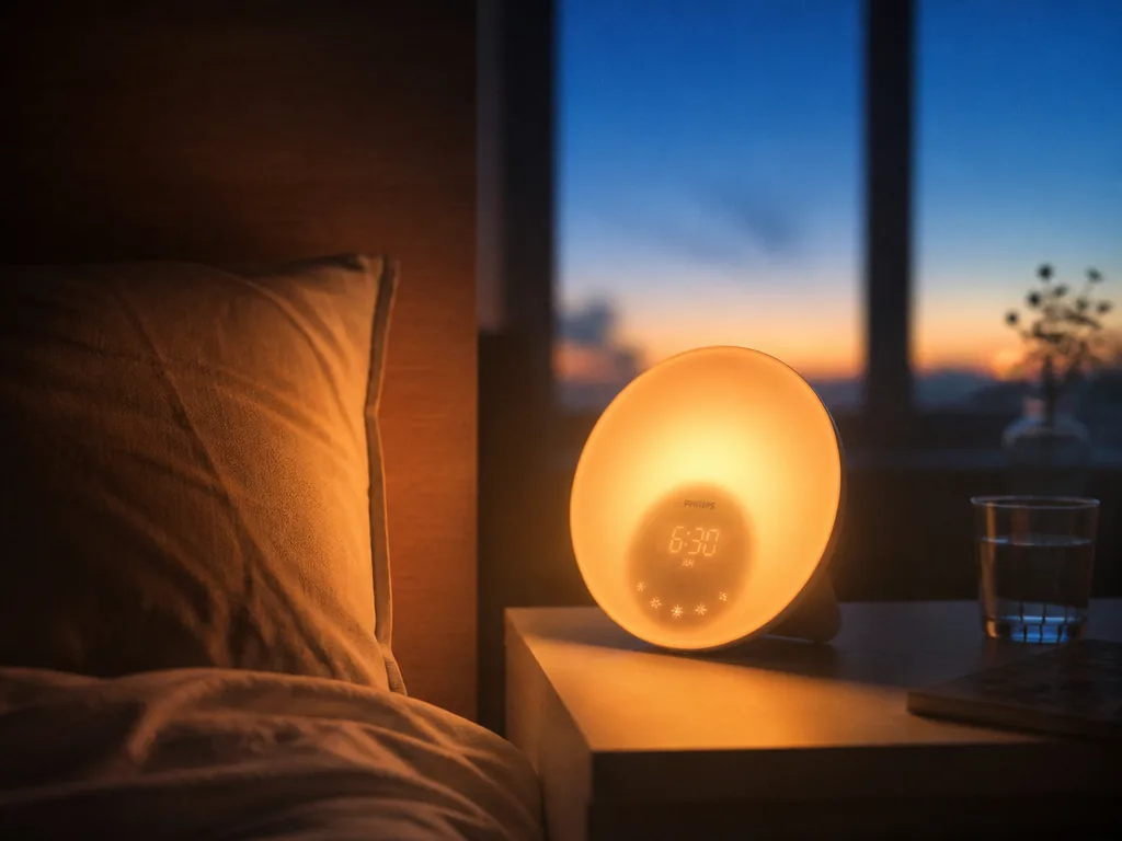 Minimalist bedside still life at dawn: a small round sunrise-simulation lamp on a pale…