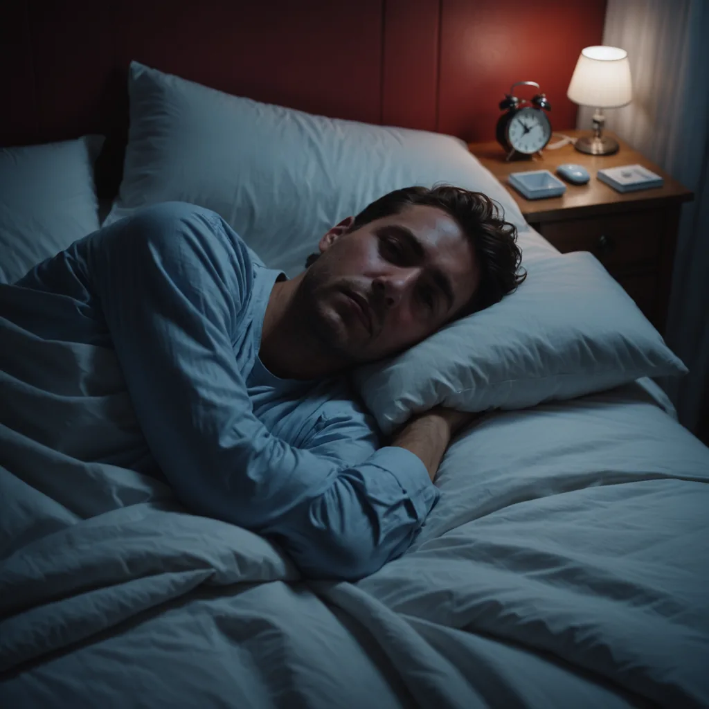 A photorealistic overhead shot of a person lying awake in bed at 2 a.m…