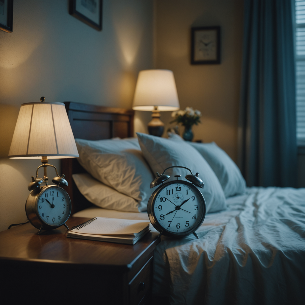 A quiet, dimly lit bedroom at night photographed from a low angle, soft moonlight…