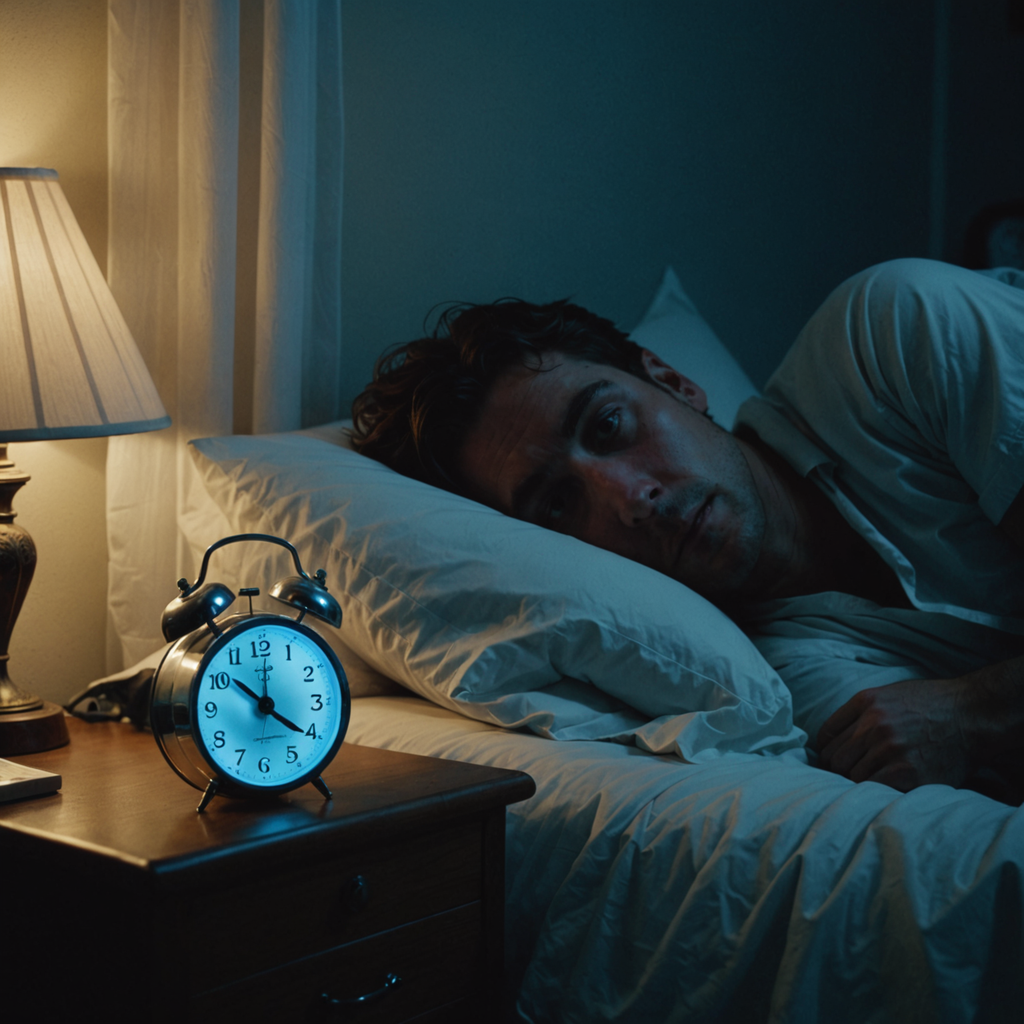 A dimly lit bedroom photographed at 2 a.m., shot from the side of the…