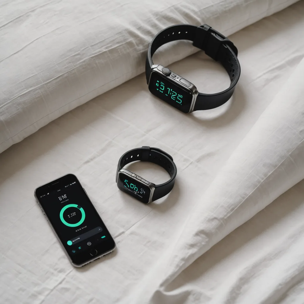 Overhead flat-lay photograph of four sleep tracking devices arranged on crisp white linen bedding…