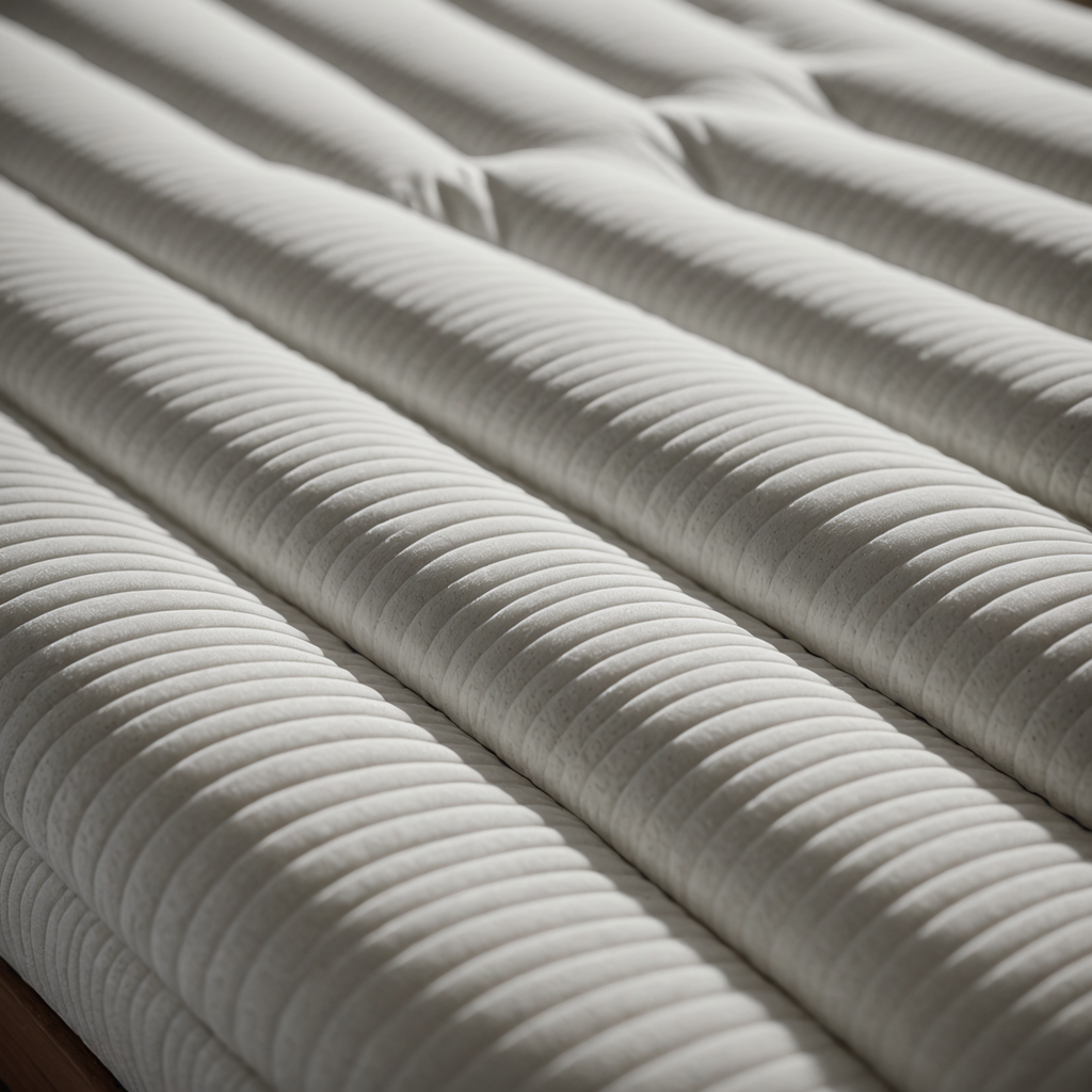 Close-up overhead photograph of a memory foam mattress topper on a stripped bed in…