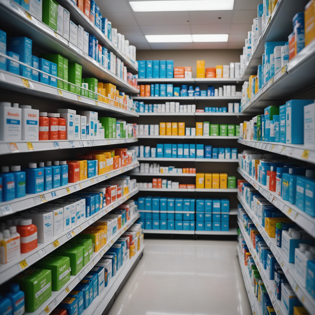 A close-up photorealistic shot of a brightly lit pharmacy aisle shelf displaying an array…