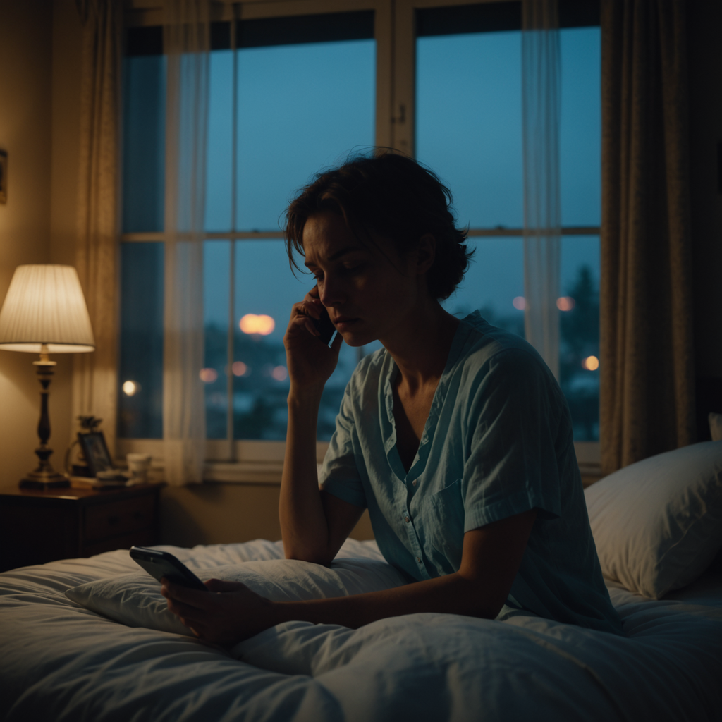 A dimly lit bedroom at 2:47am, soft blue glow from a smartphone screen illuminating…