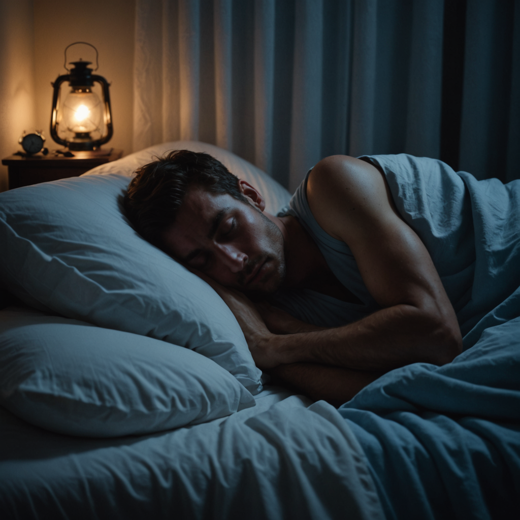 A dimly lit bedroom at 3 a.m., shot from a low side angle: a…