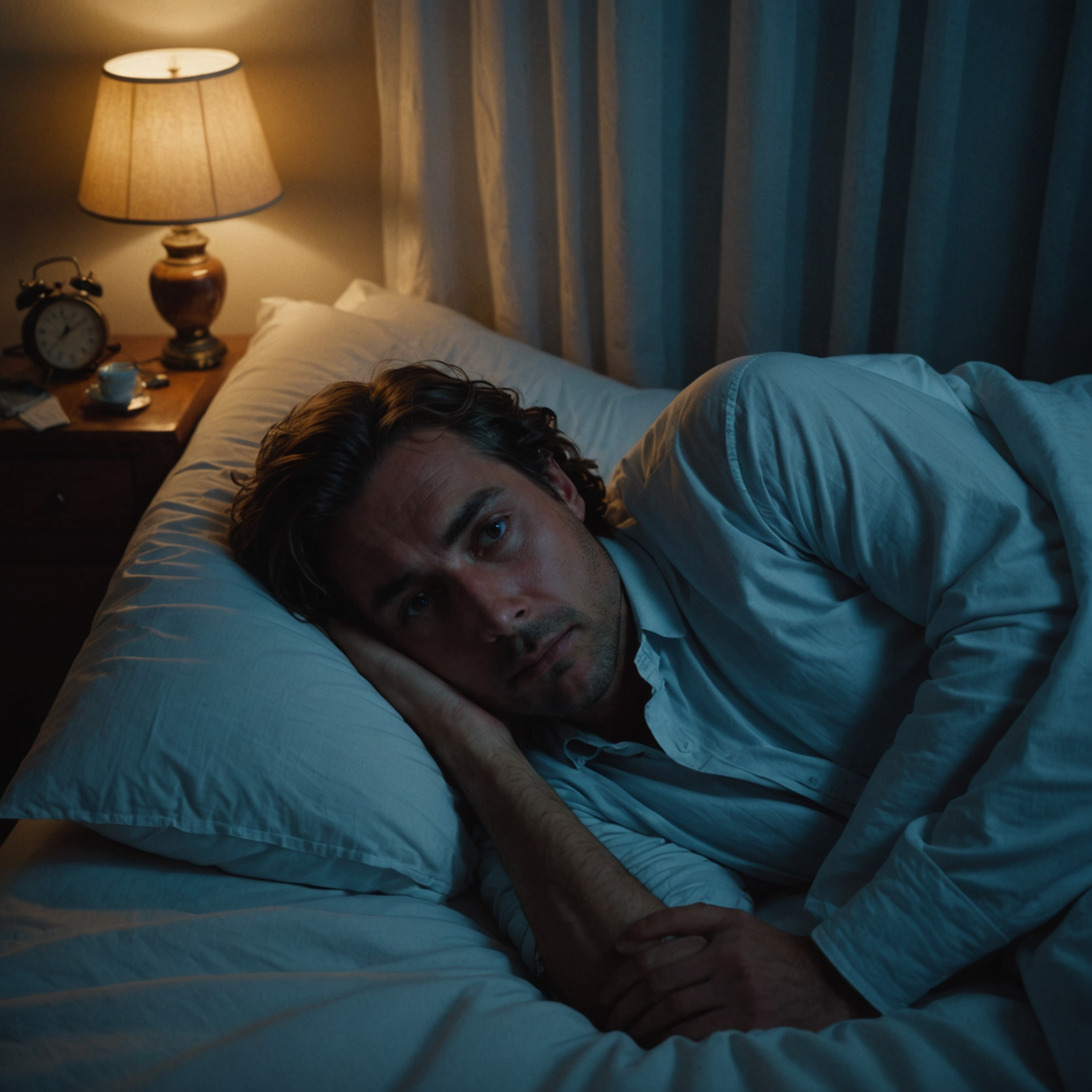 A photorealistic overhead shot of a person lying awake in bed at 2 a.m…
