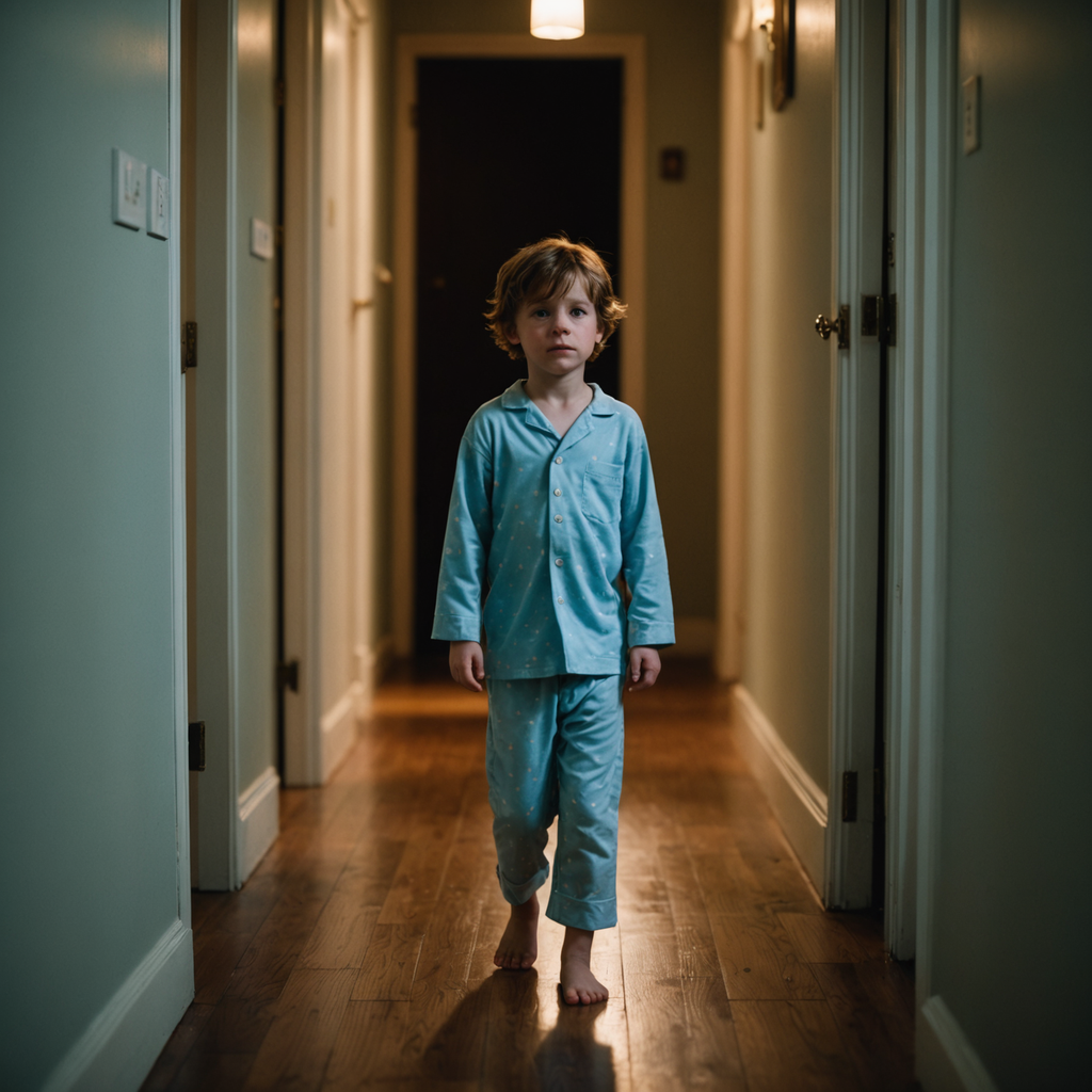 A dimly lit hallway at night, photographed from a low angle, with a soft…