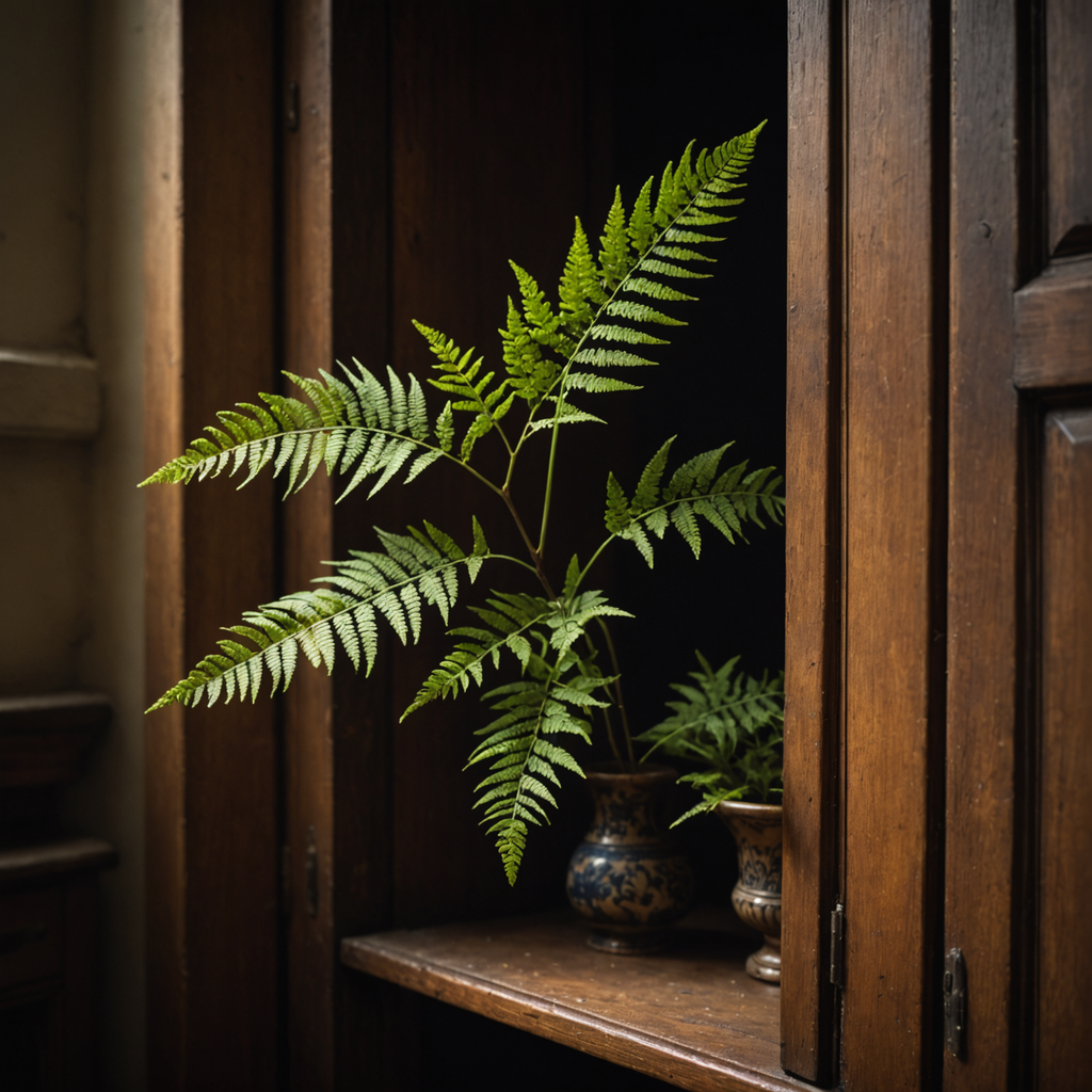 A close-up macro photograph of a Mimosa pudica plant sitting inside a dim wooden…