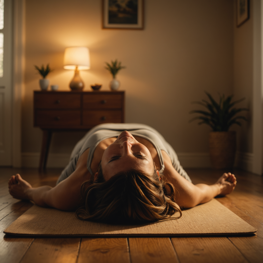 A serene low-angle photograph of a woman lying on her back on a simple…