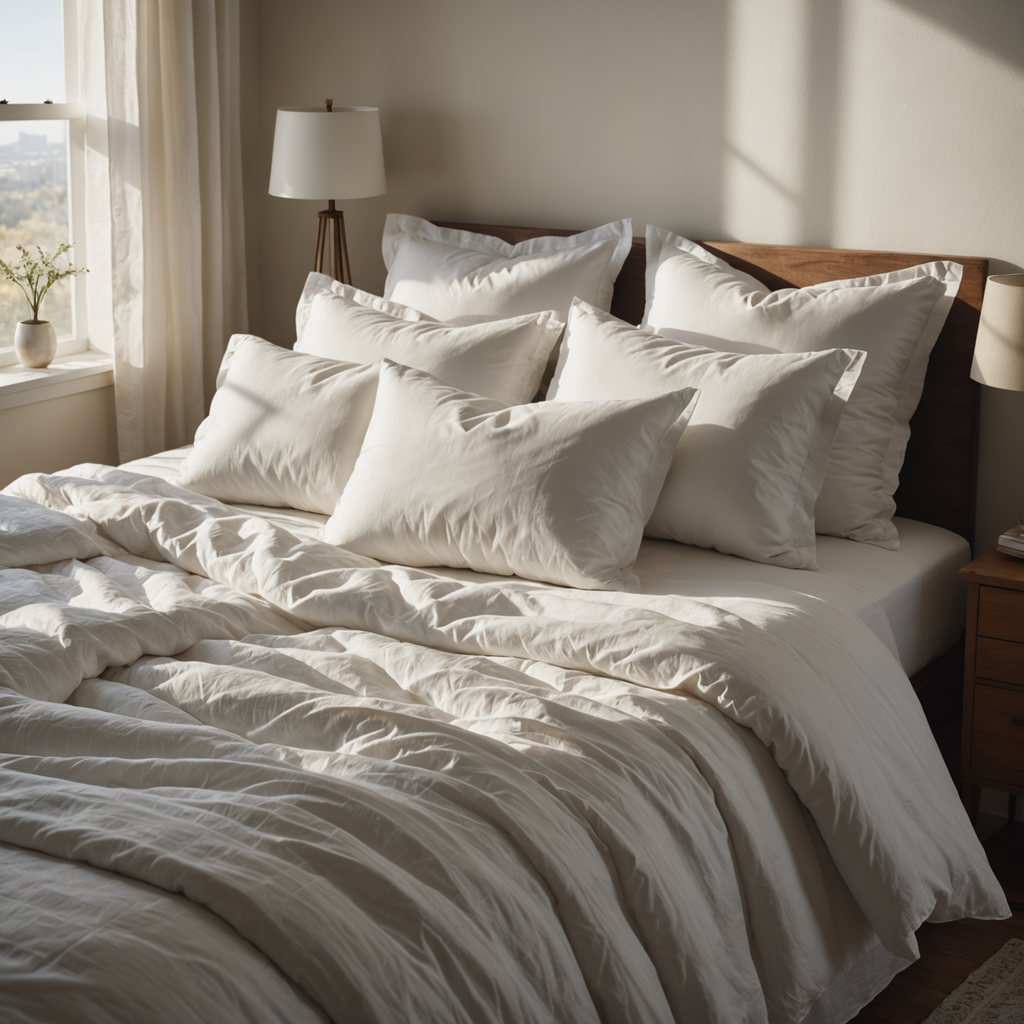 An overhead photorealistic photograph of a neatly made bed in a sunlit bedroom, featuring…