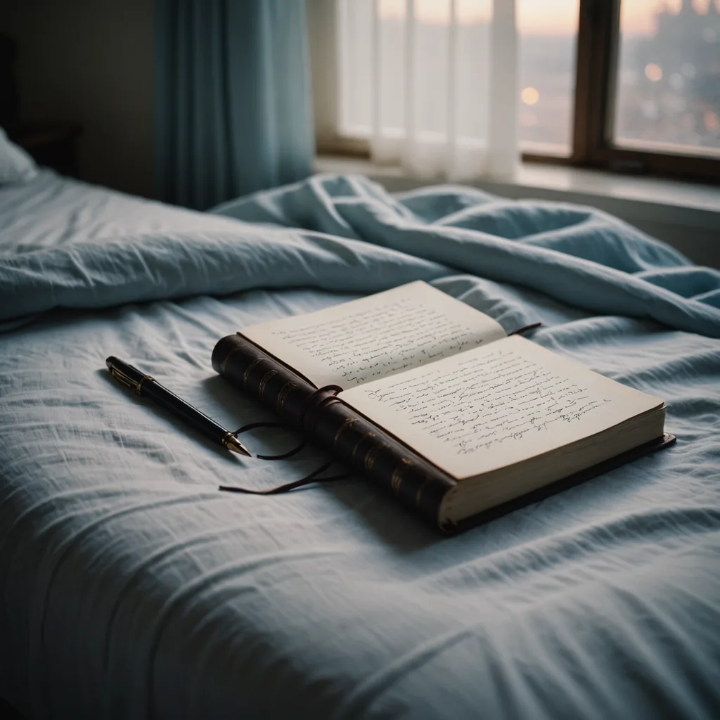 An overhead still life photograph of an open leather-bound journal on a rumpled white…