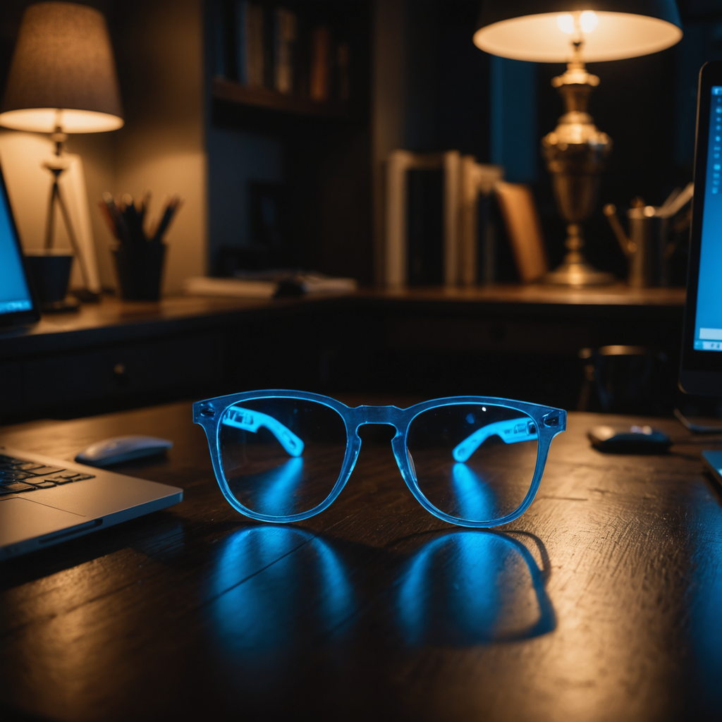 A pair of amber-tinted blue light blocking glasses resting on a dark wooden desk…