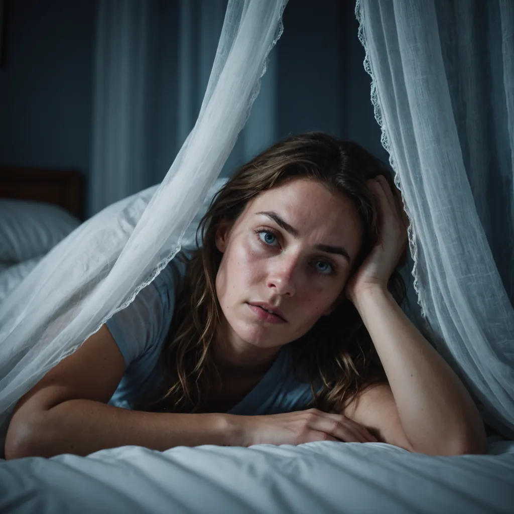 A young woman in her early thirties lying awake in bed at 3 AM…