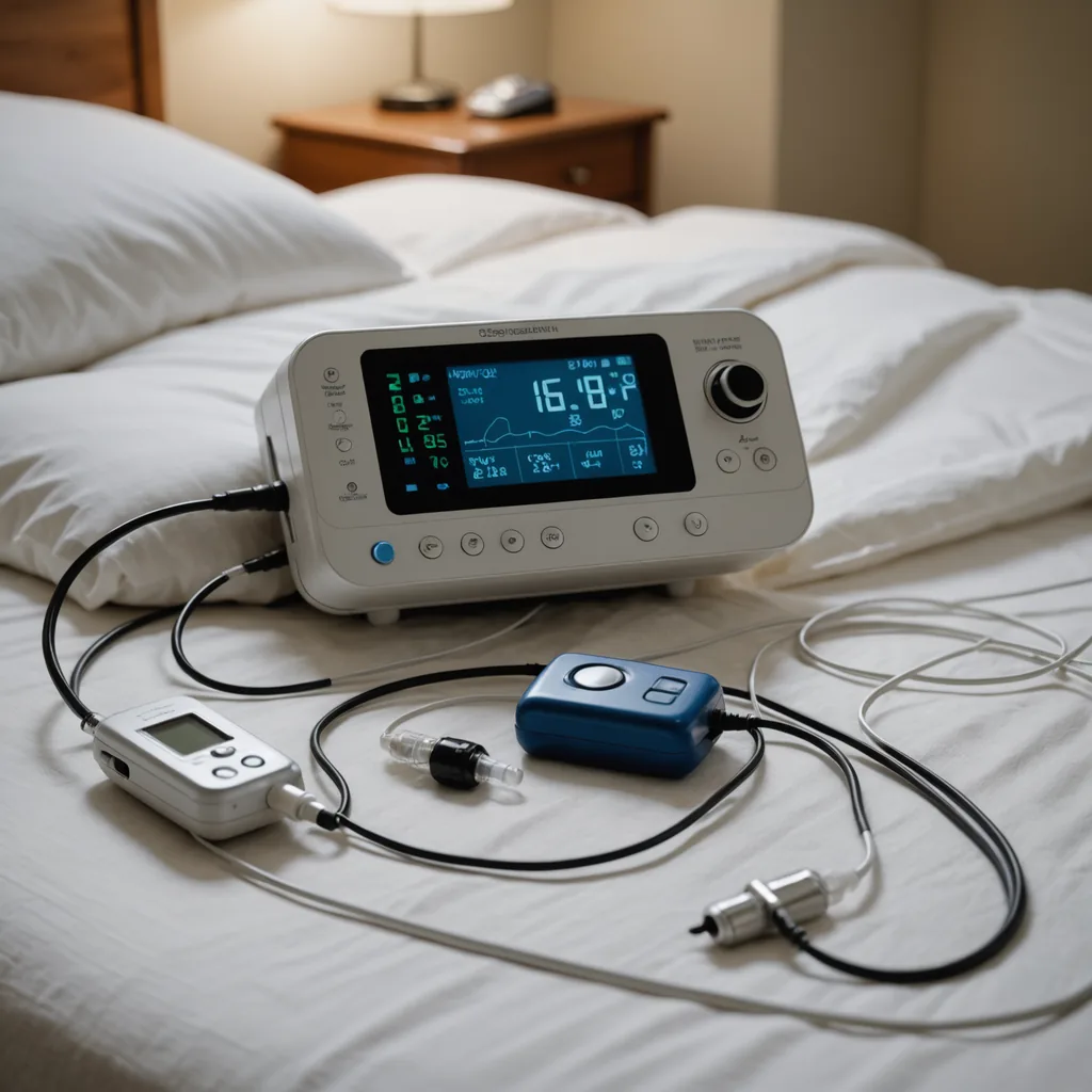 A close-up photorealistic photograph of a home sleep study device kit laid out on…