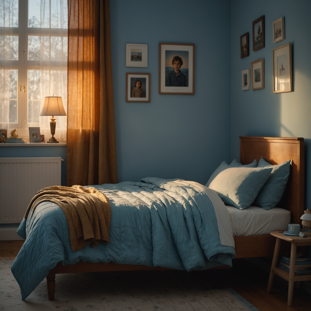 A softly lit child's bedroom at dusk photographed from a low angle, an unmade…