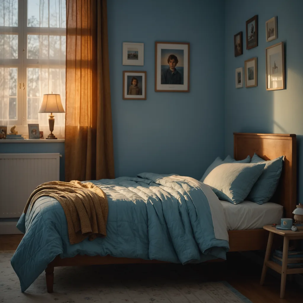 A softly lit child's bedroom at dusk photographed from a low angle, an unmade…