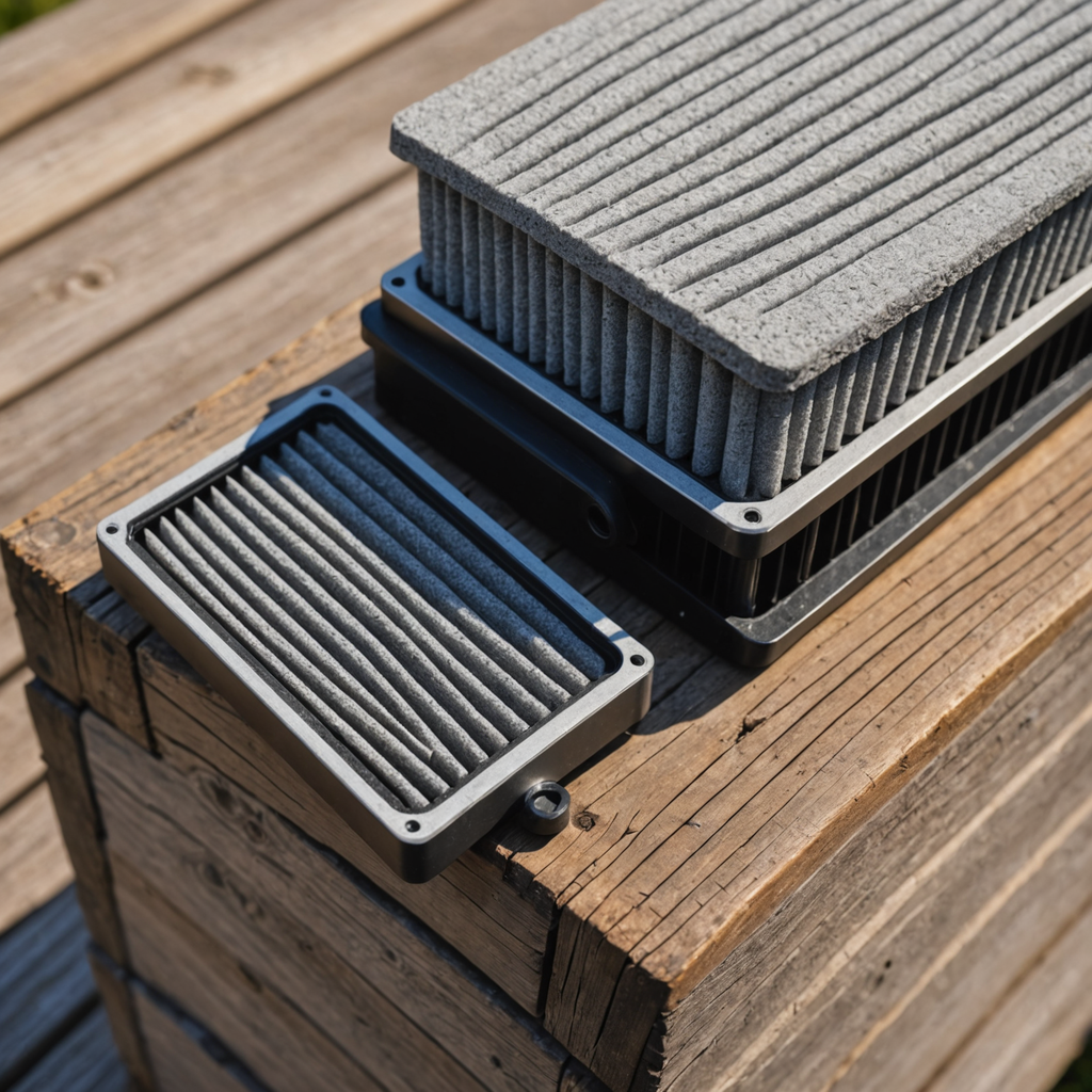 Close-up macro photograph of a small gray foam CPAP intake filter resting on weathered…