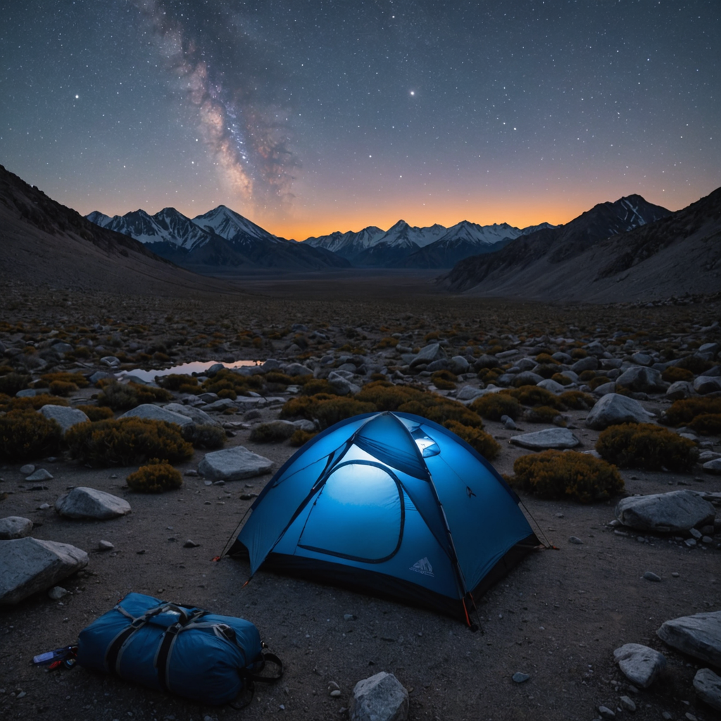 A three-season dome tent glowing warmly from within at deep blue dusk in the…