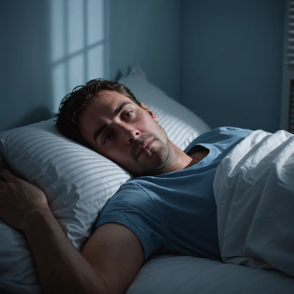 A photorealistic overhead shot of a person lying awake in a dimly lit bedroom…