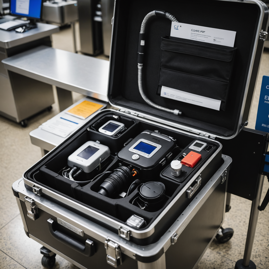 A small black CPAP travel case sitting open on a stainless steel TSA inspection…