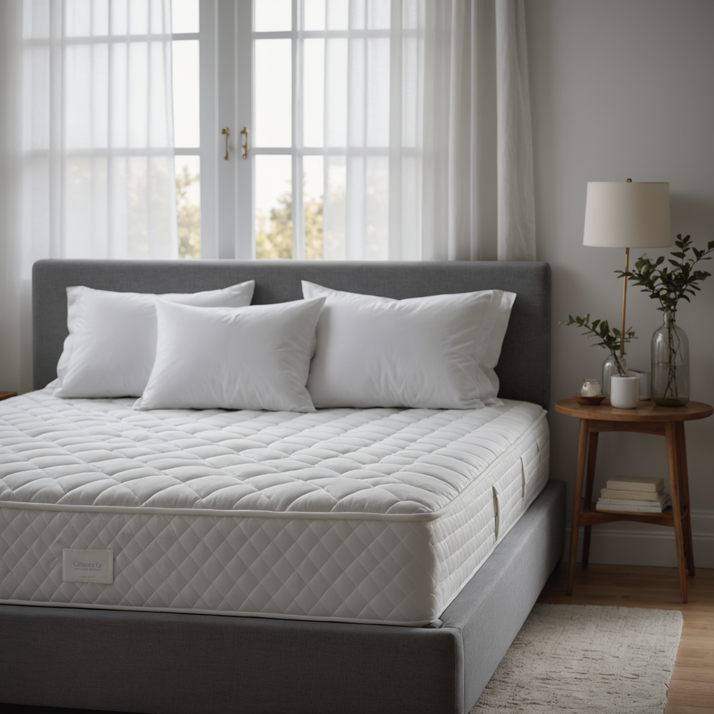 A close-up photograph of a pristine, tightly-made extra firm mattress in a minimalist bedroom…