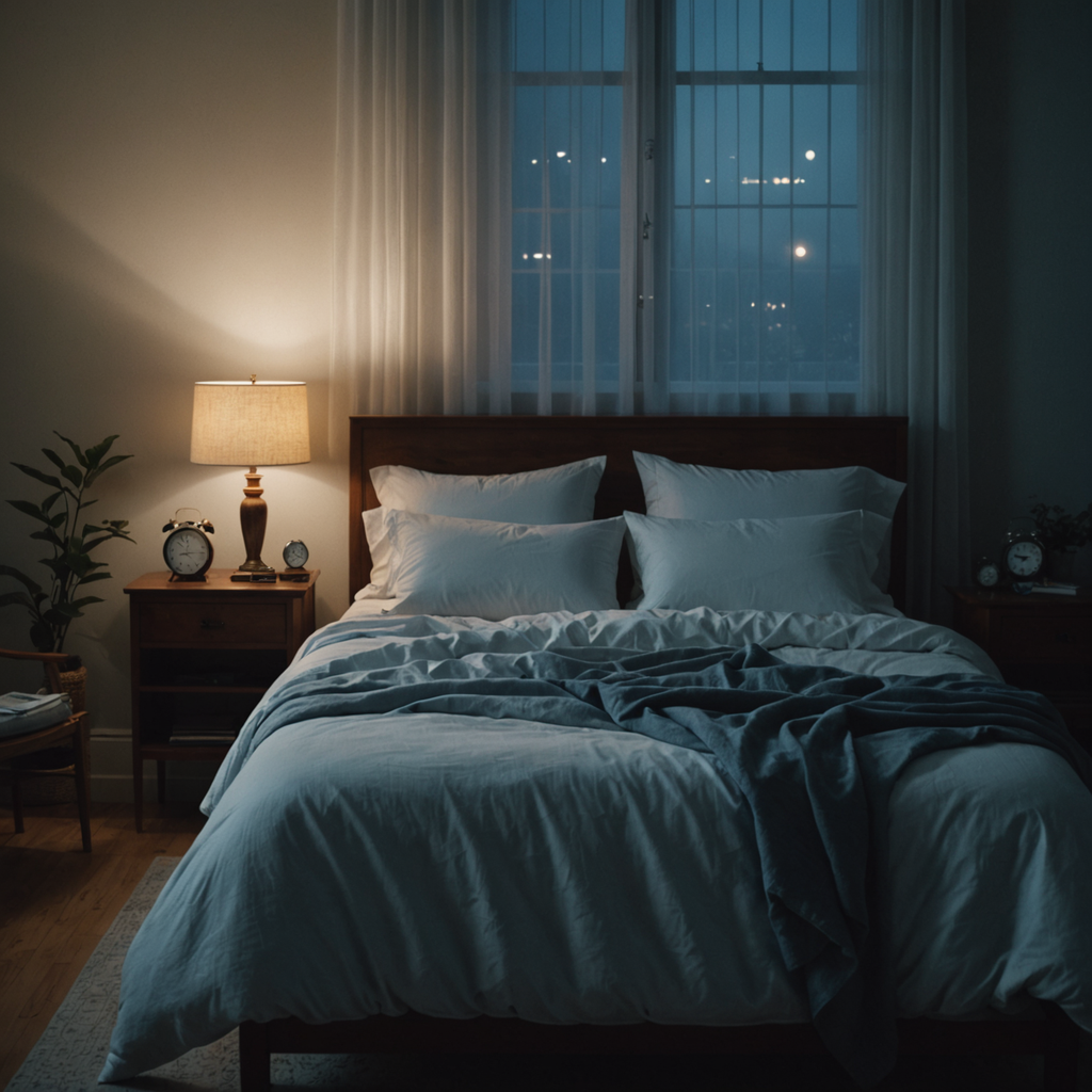 A serene, dimly lit bedroom photographed at night, captured with a full-frame camera and…