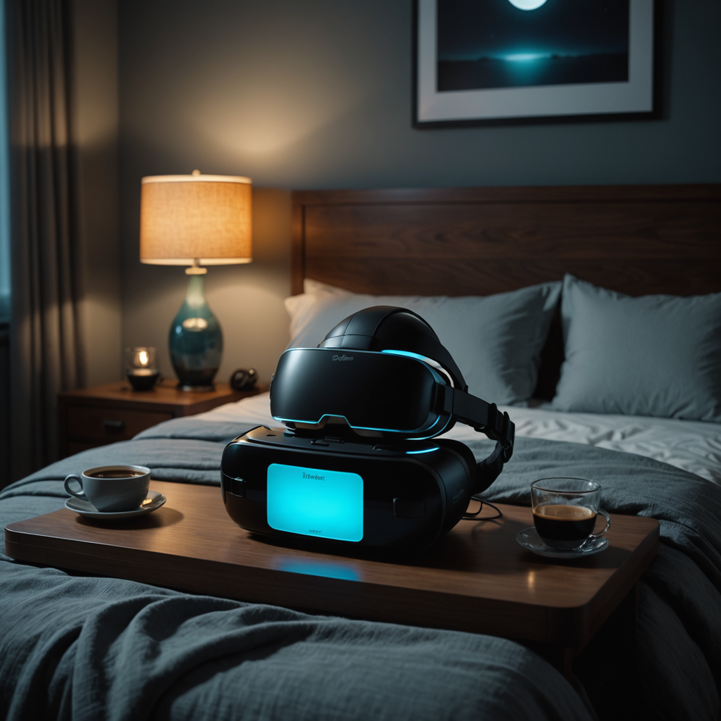 A dimly lit modern bedroom at night, soft blue glow from a VR headset…