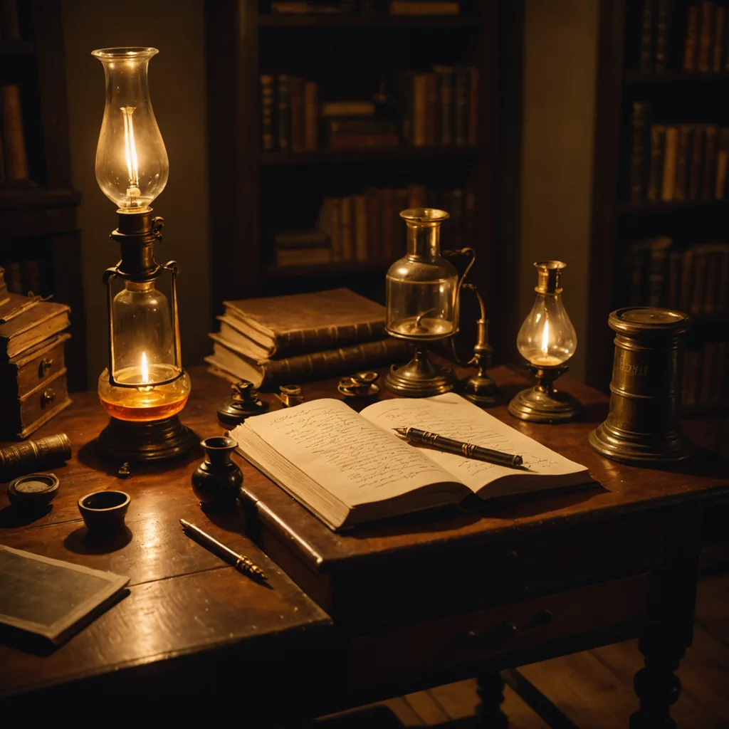 Dimly lit 19th-century physician's study at night, a single oil lamp casting warm amber…