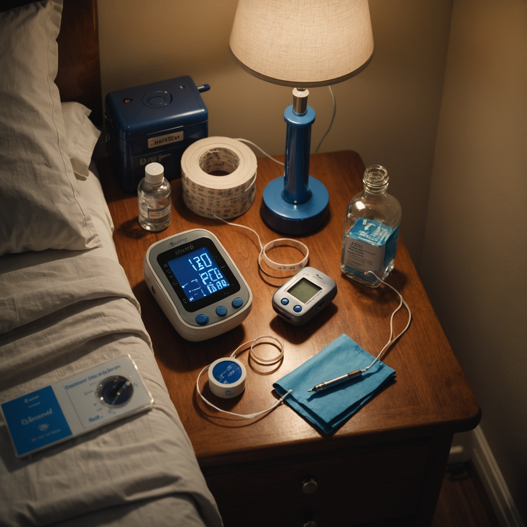 A close-up overhead photograph of a nightstand at dusk, softly lit by a single…